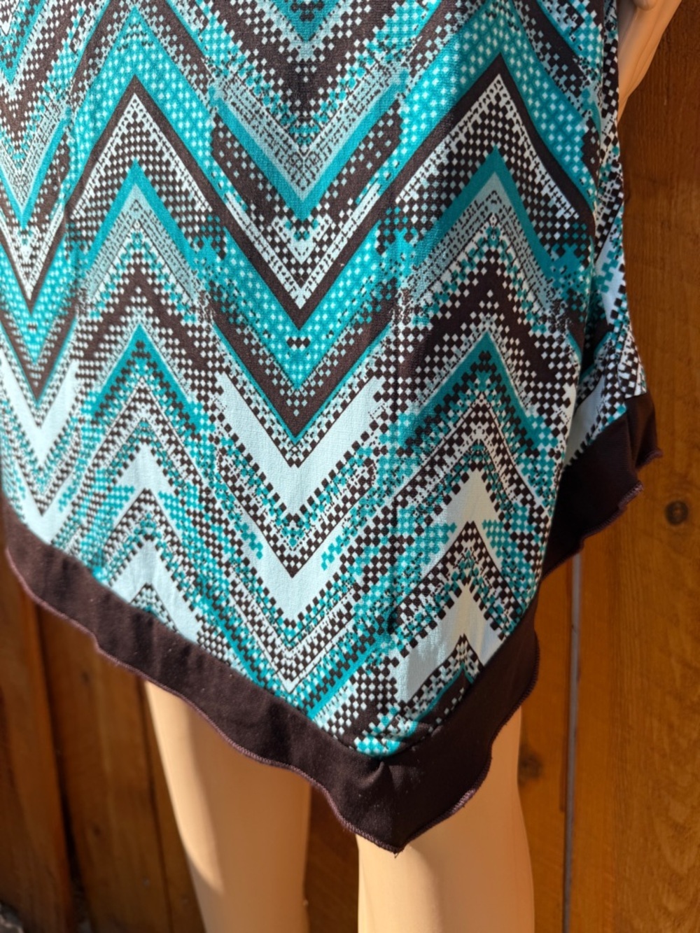 La Belle Turquoise Chevron Faux Wrap Asymmetrical Dress with Brown Trim - Large - Picture 12 of 13